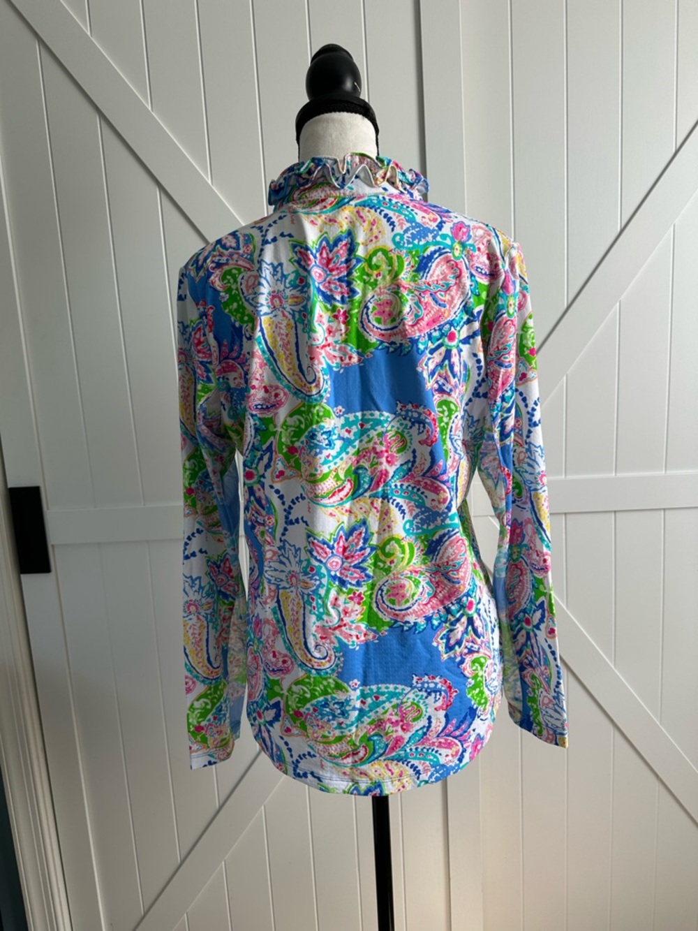 G Lifestyle Paisley Print Ruffle Top Blue Pink Green Mesh Sleeve Large - Picture 4 of 5